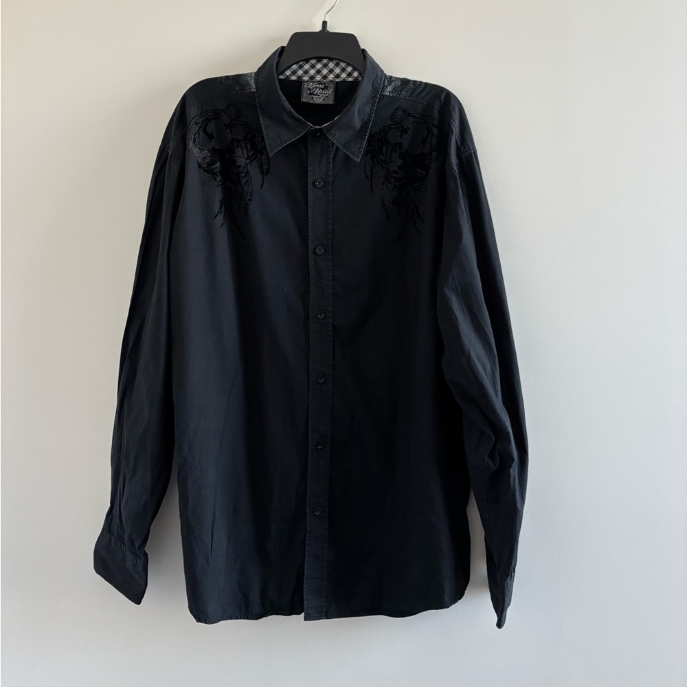 Y2K VTG Mecca Button Down Shirt Black Velvet Embroidered Mens 2XL Hip Hop Rock